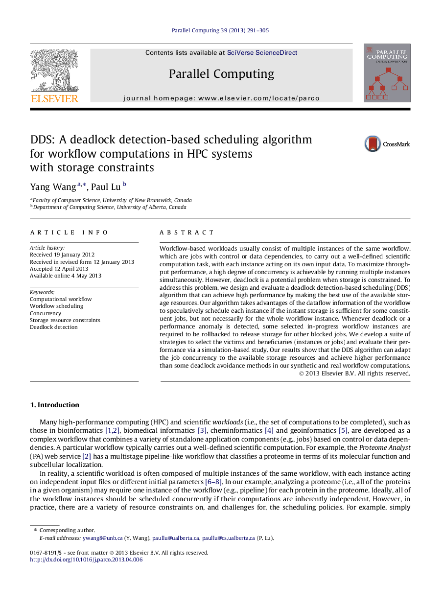 DDS: A deadlock detection-based scheduling algorithm for workflow computations in HPC systems with storage constraints