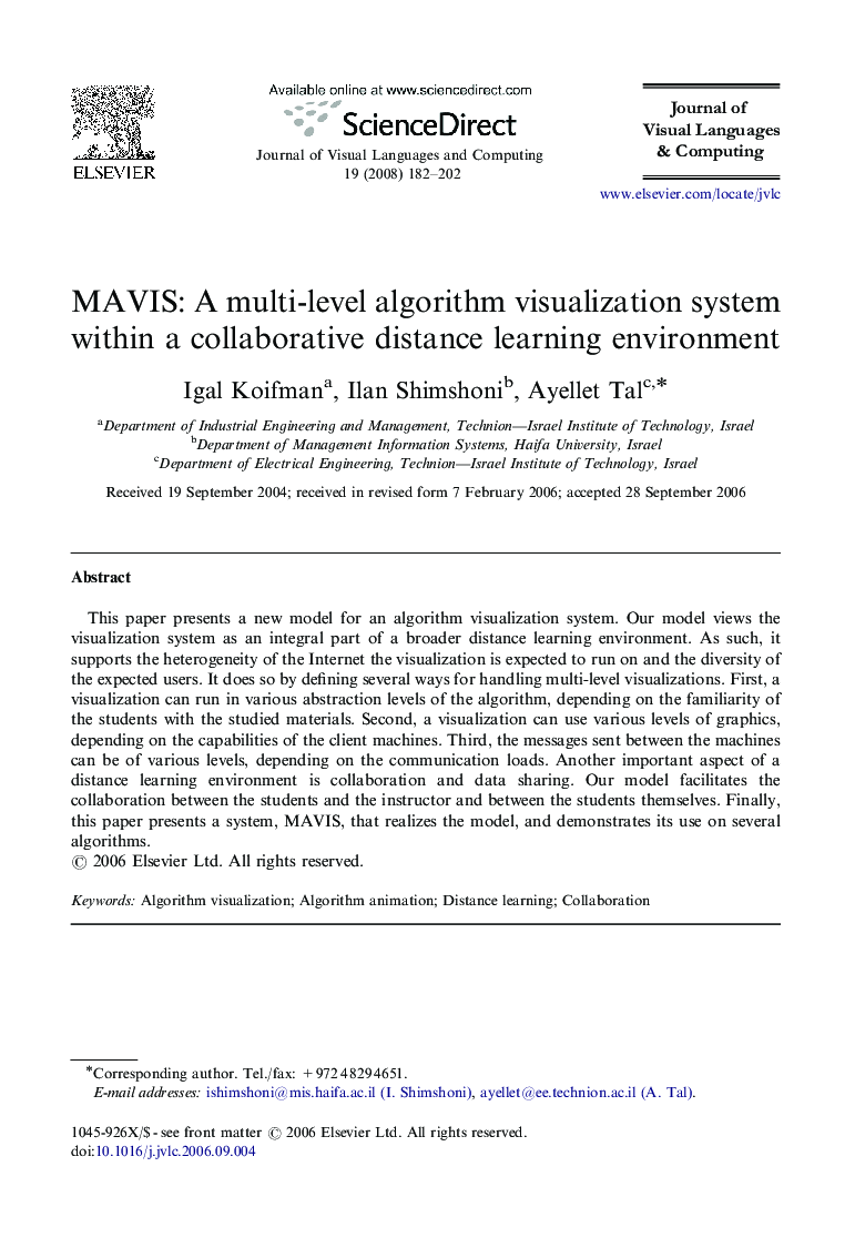 MAVIS: A multi-level algorithm visualization system within a collaborative distance learning environment