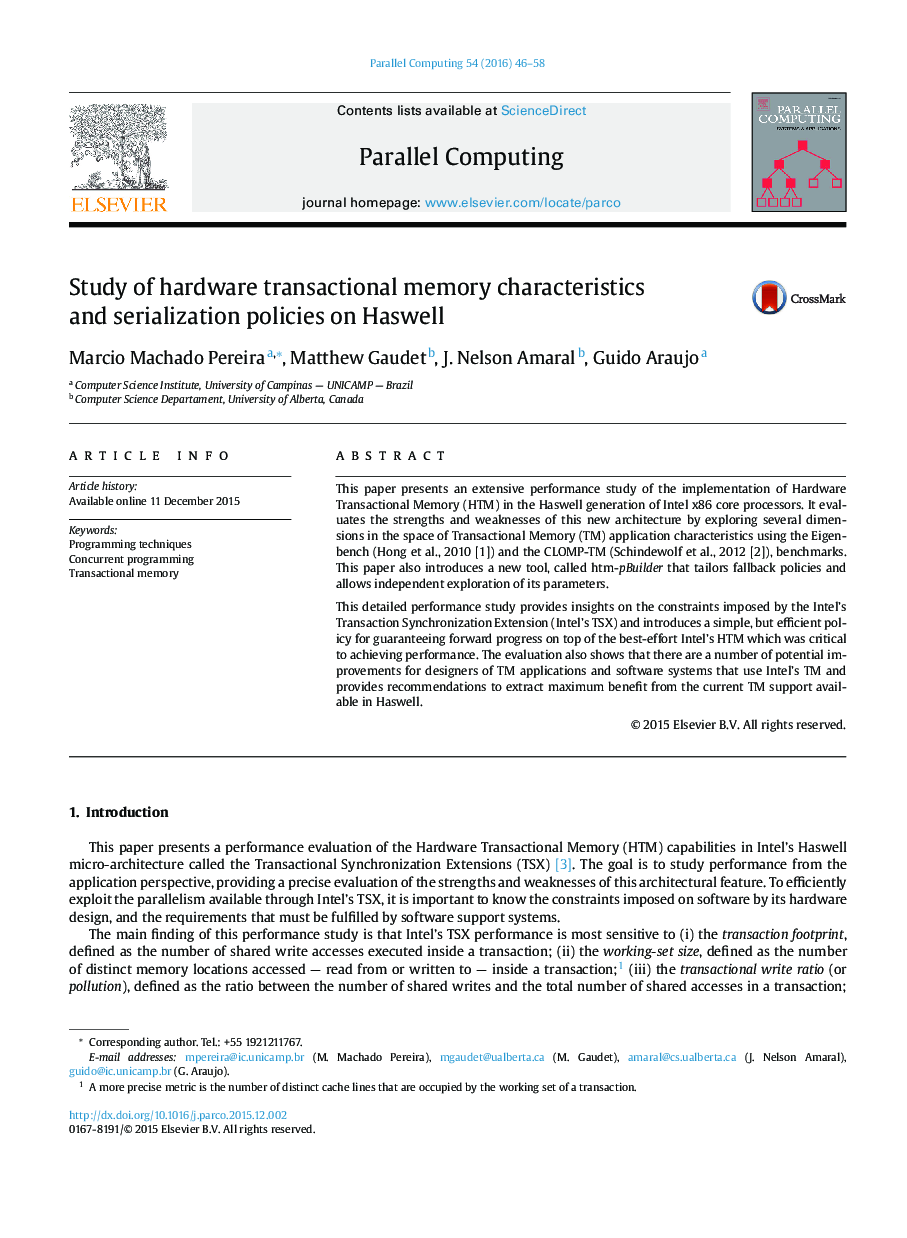 عکس صفحه اول مقاله: Study of hardware transactional memory characteristics and serialization policies on Haswell Study of hardware transactional memory characteristics and serialization policies on Haswell