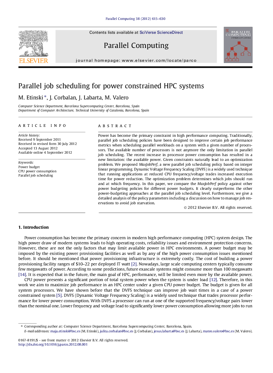 Parallel job scheduling for power constrained HPC systems