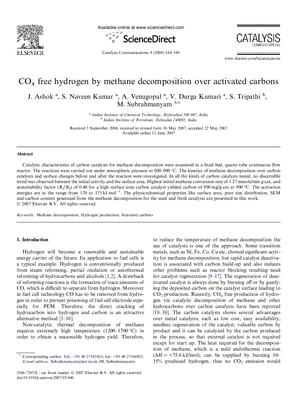 COx free hydrogen by methane decomposition over activated carbons