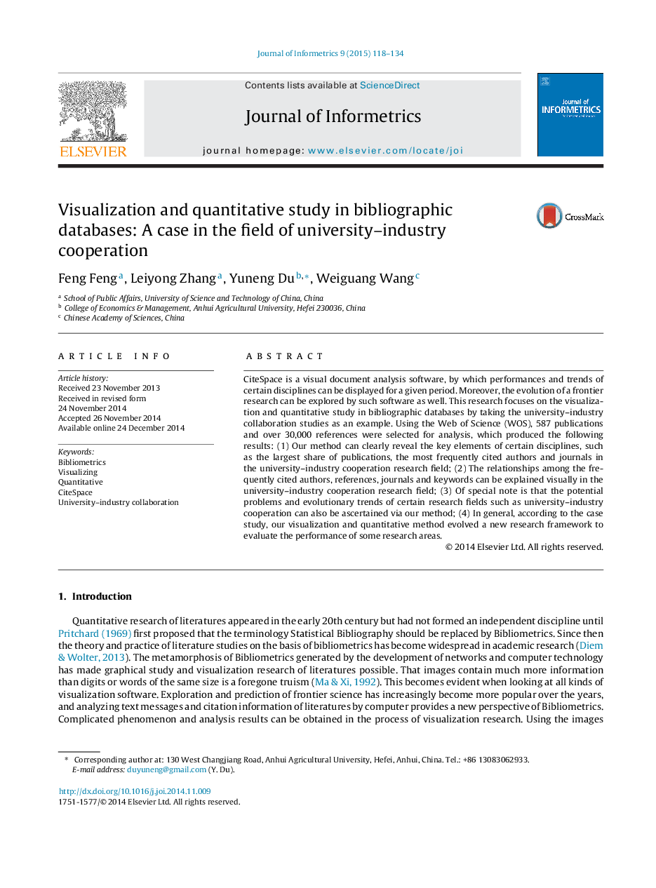 Visualization and quantitative study in bibliographic databases: A case in the field of university–industry cooperation