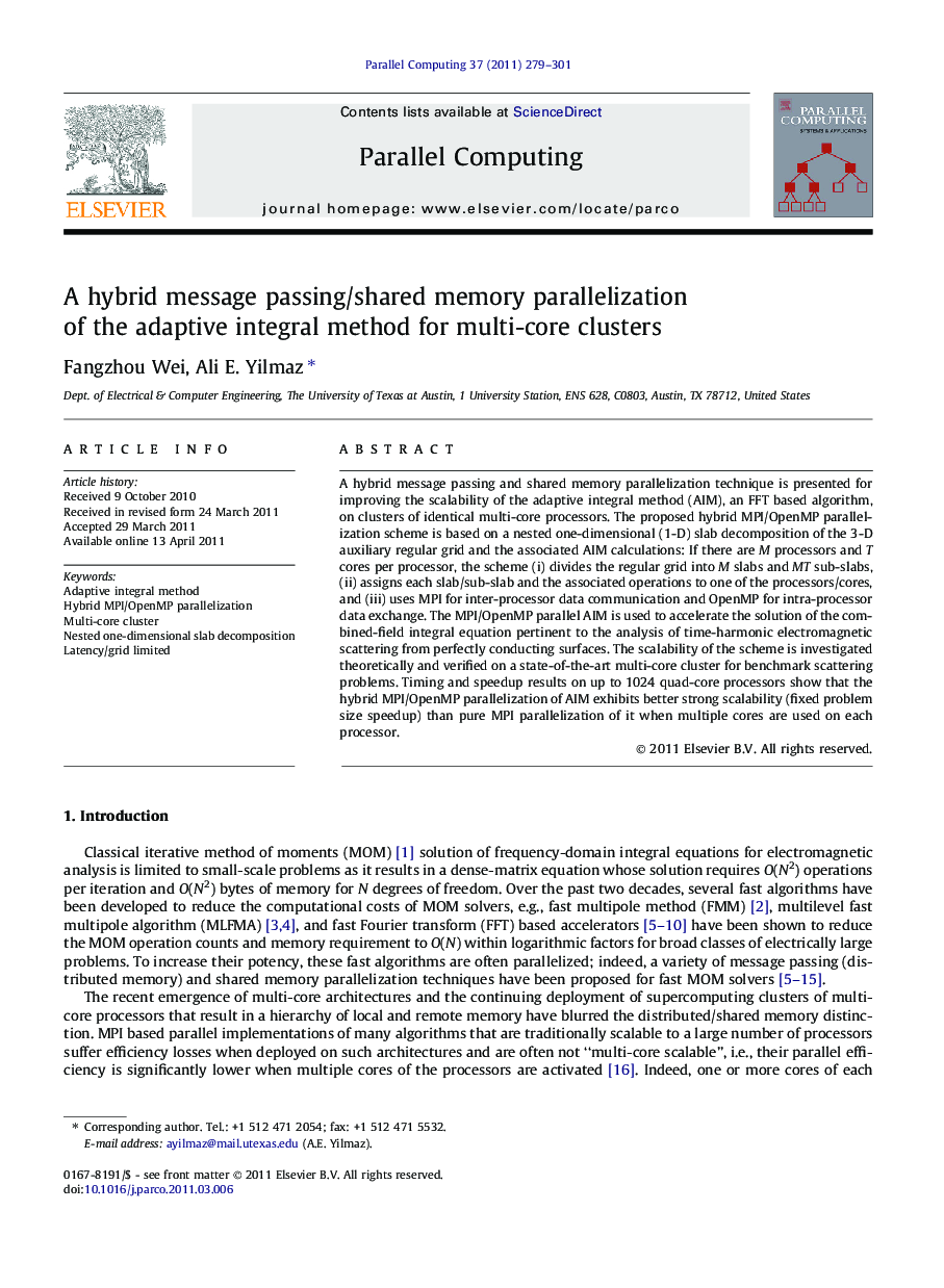 A hybrid message passing/shared memory parallelization of the adaptive integral method for multi-core clusters