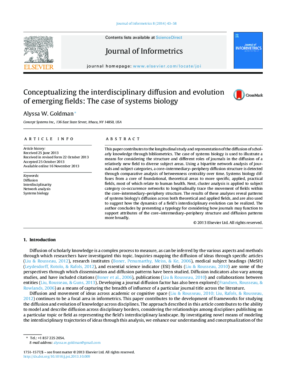 Conceptualizing the interdisciplinary diffusion and evolution of emerging fields: The case of systems biology