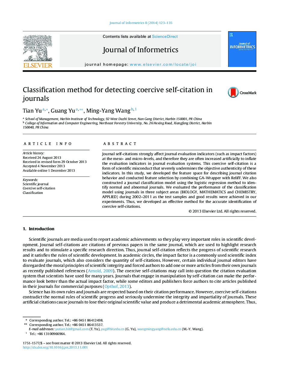 Classification method for detecting coercive self-citation in journals