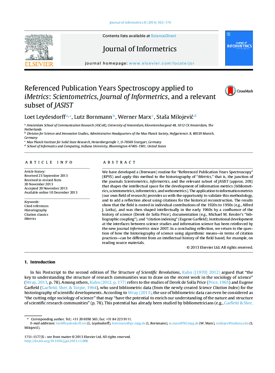 Referenced Publication Years Spectroscopy applied to iMetrics: Scientometrics, Journal of Informetrics, and a relevant subset of JASIST