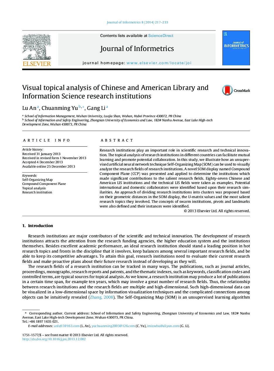 Visual topical analysis of Chinese and American Library and Information Science research institutions