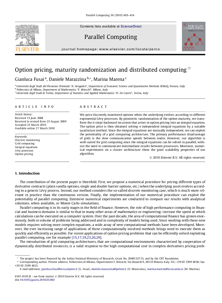 Option pricing, maturity randomization and distributed computing 