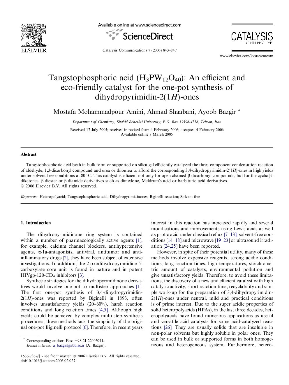 Tangstophosphoric acid (H3PW12O40): An efficient and eco-friendly catalyst for the one-pot synthesis of dihydropyrimidin-2(1H)-ones