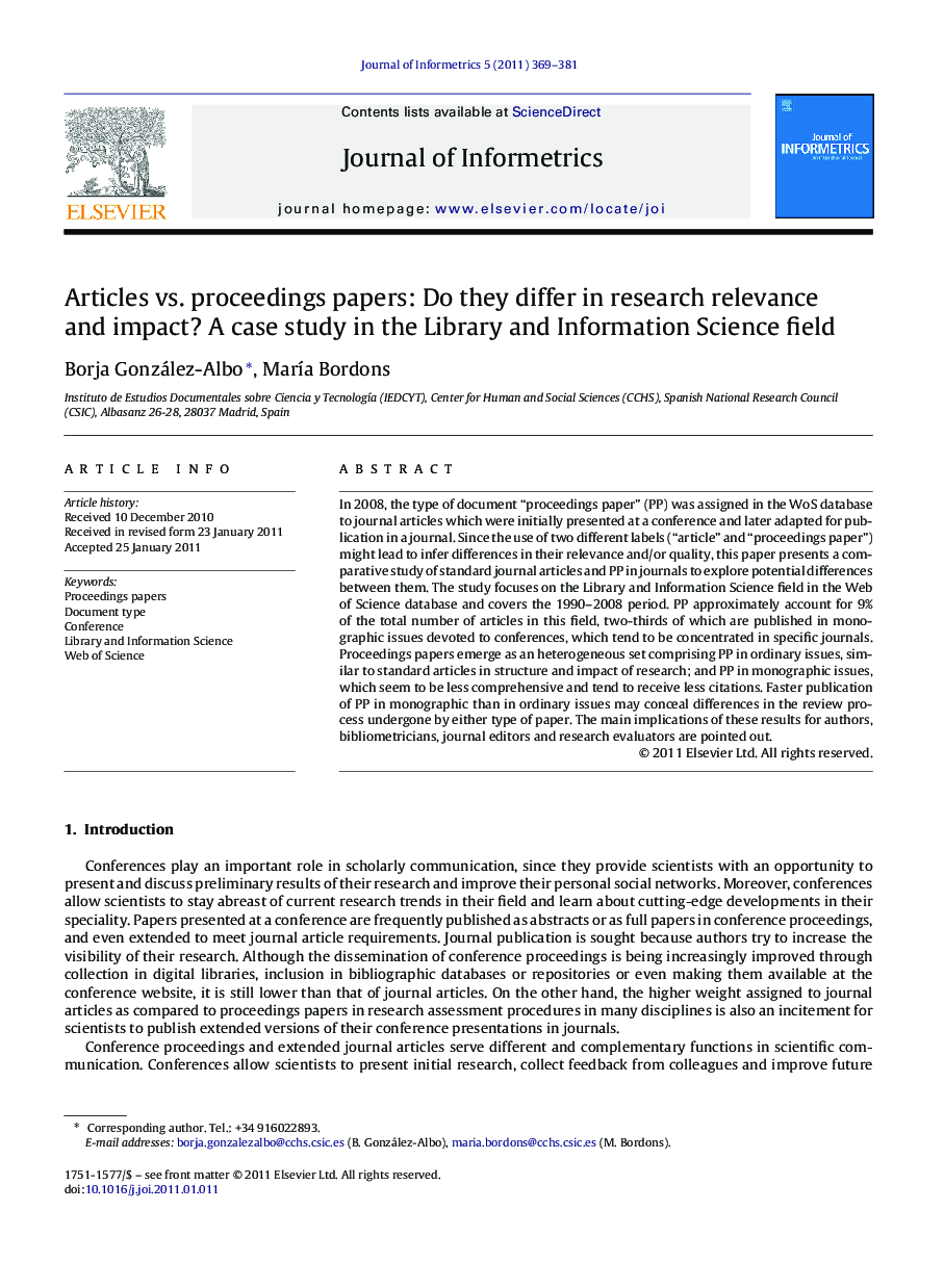 Articles vs. proceedings papers: Do they differ in research relevance and impact? A case study in the Library and Information Science field