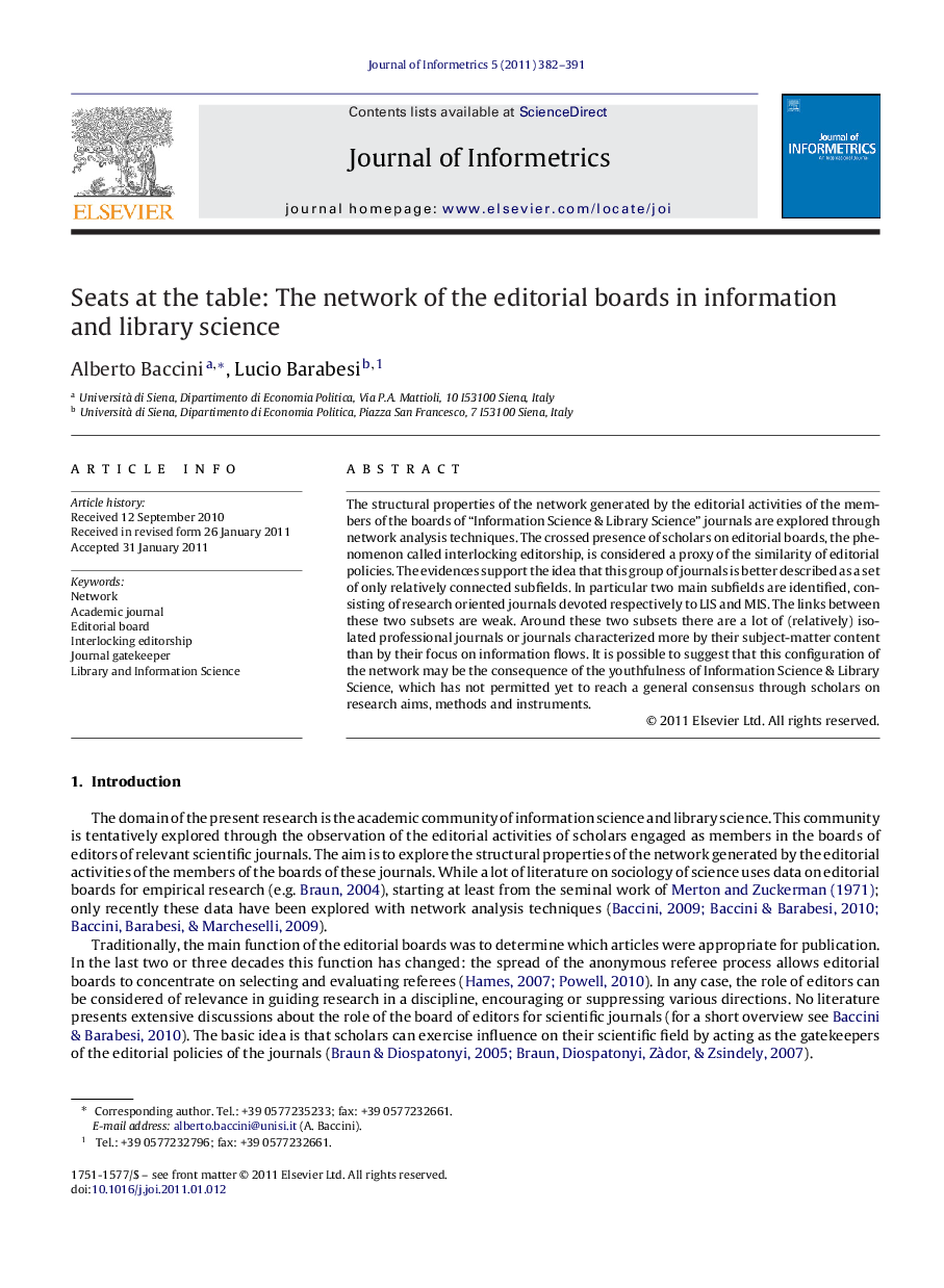 Seats at the table: The network of the editorial boards in information and library science