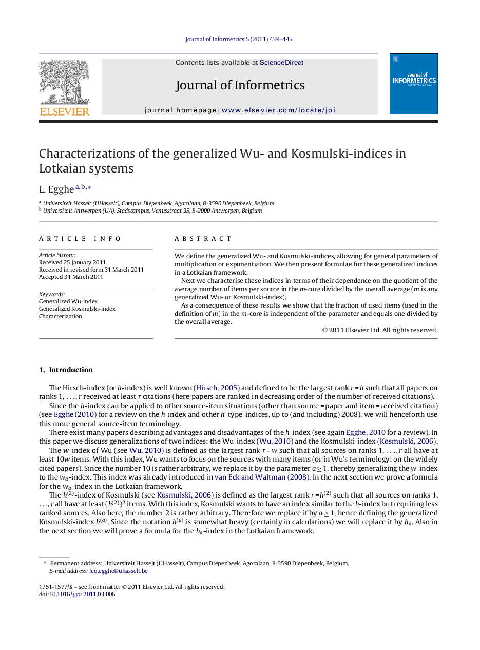 Characterizations of the generalized Wu- and Kosmulski-indices in Lotkaian systems