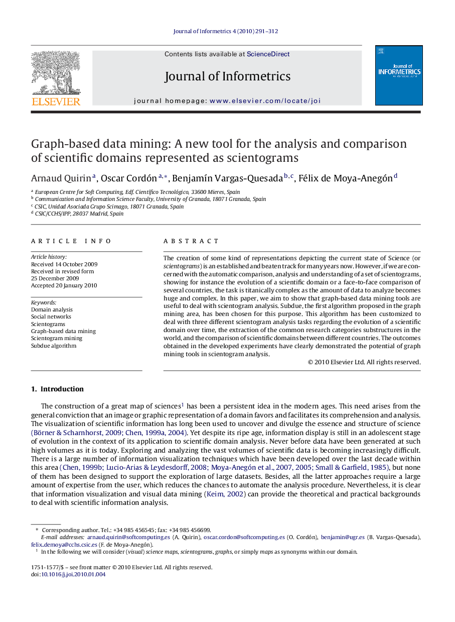 Graph-based data mining: A new tool for the analysis and comparison of scientific domains represented as scientograms