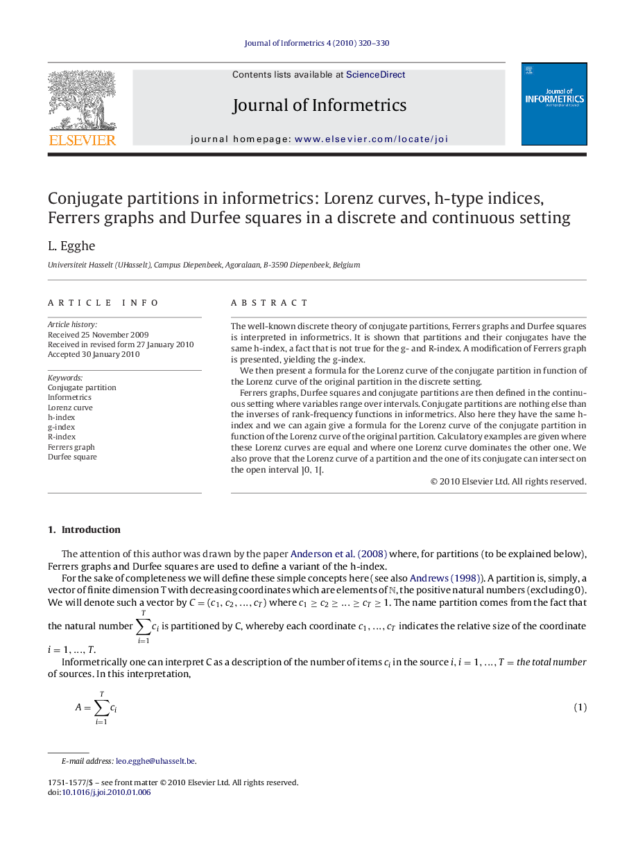 Conjugate partitions in informetrics: Lorenz curves, h-type indices, Ferrers graphs and Durfee squares in a discrete and continuous setting