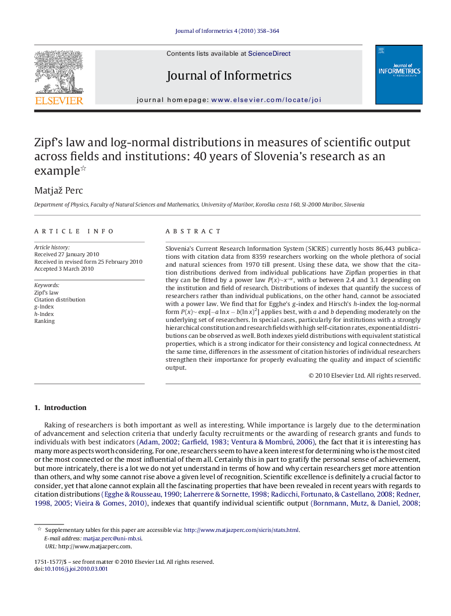 Zipf’s law and log-normal distributions in measures of scientific output across fields and institutions: 40 years of Slovenia’s research as an example 