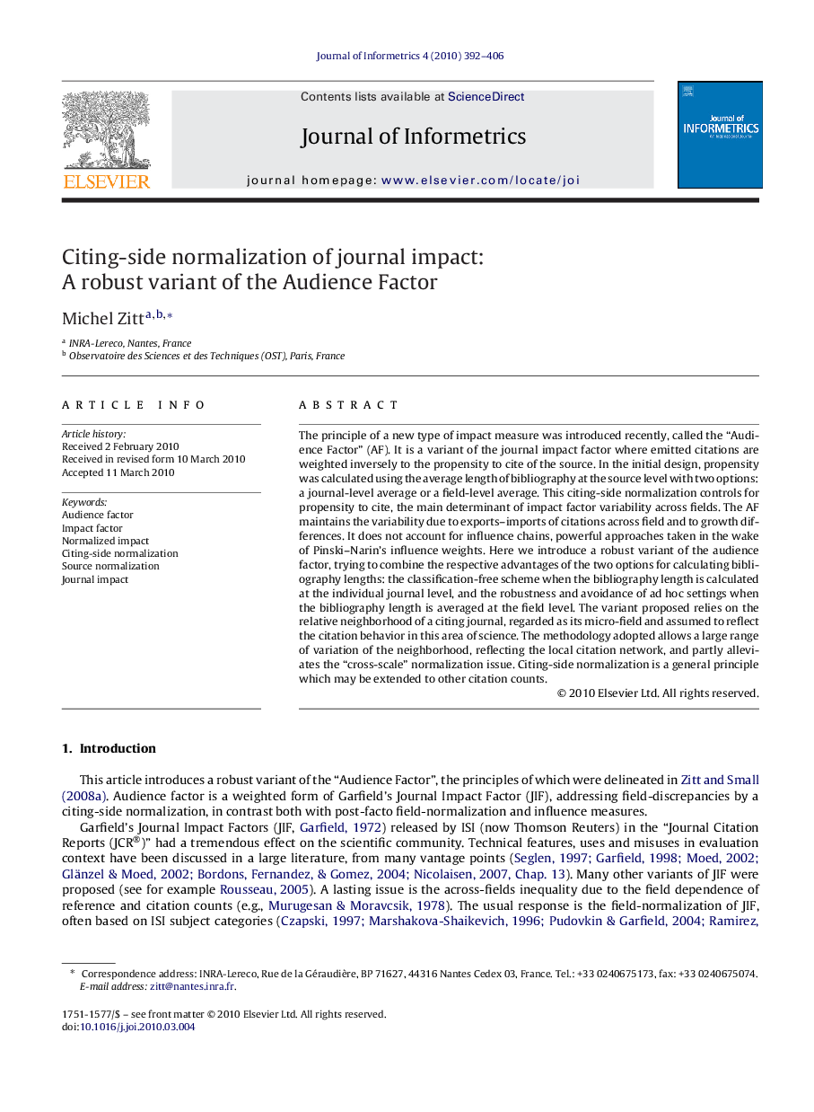 Citing-side normalization of journal impact: A robust variant of the Audience Factor