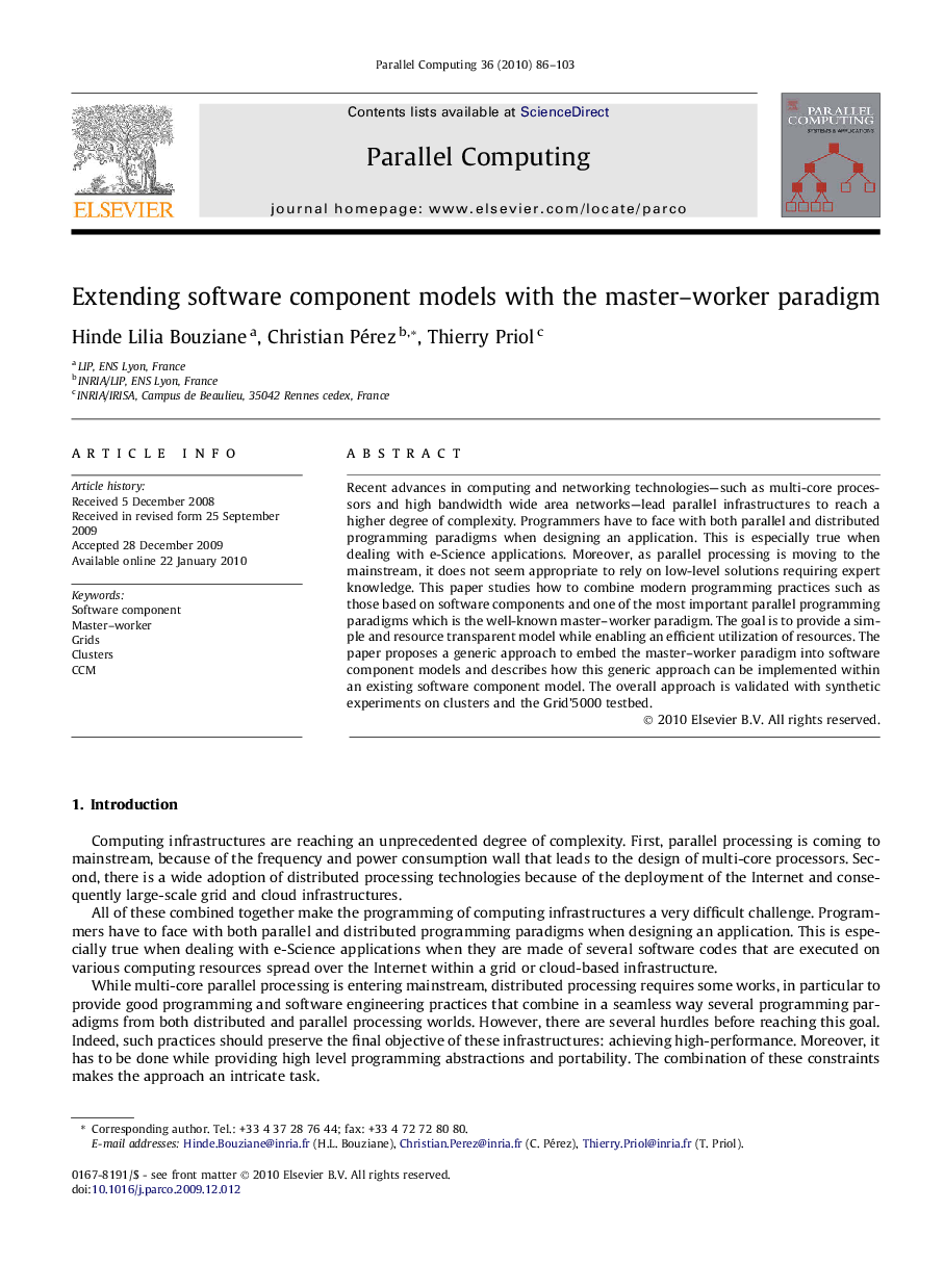 عکس صفحه اول مقاله: Extending software component models with the master–worker paradigm Extending software component models with the master–worker paradigm