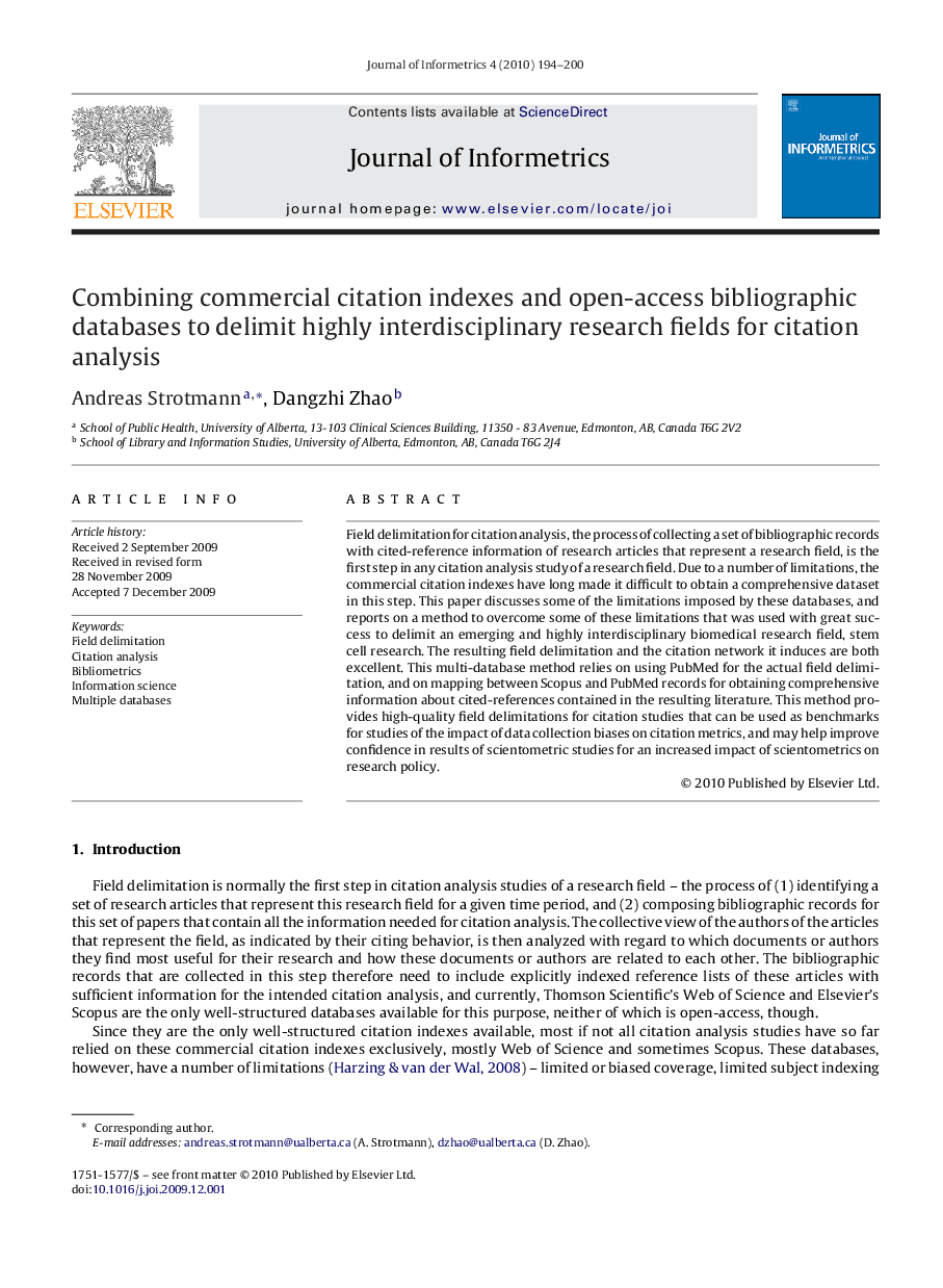 Combining commercial citation indexes and open-access bibliographic databases to delimit highly interdisciplinary research fields for citation analysis