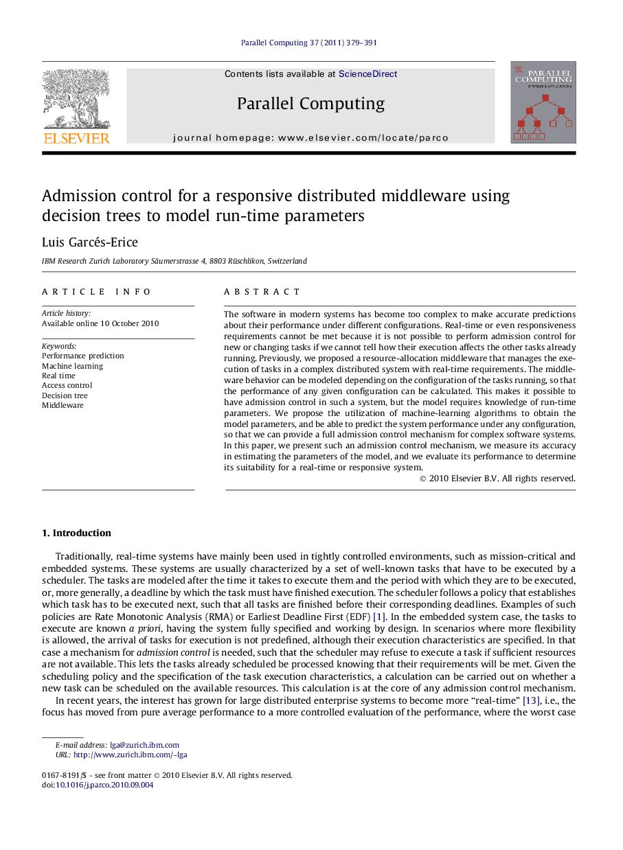 Admission control for a responsive distributed middleware using decision trees to model run-time parameters