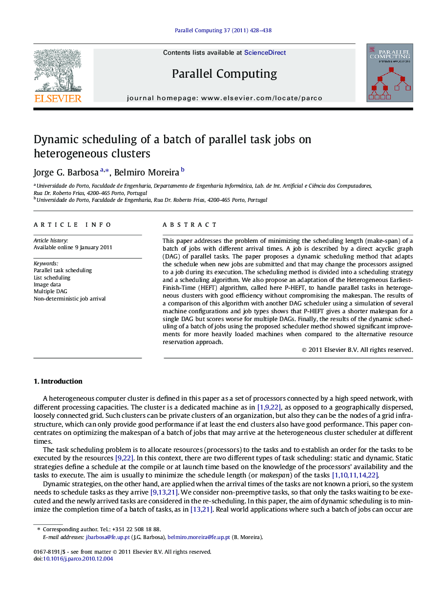 Dynamic scheduling of a batch of parallel task jobs on heterogeneous clusters