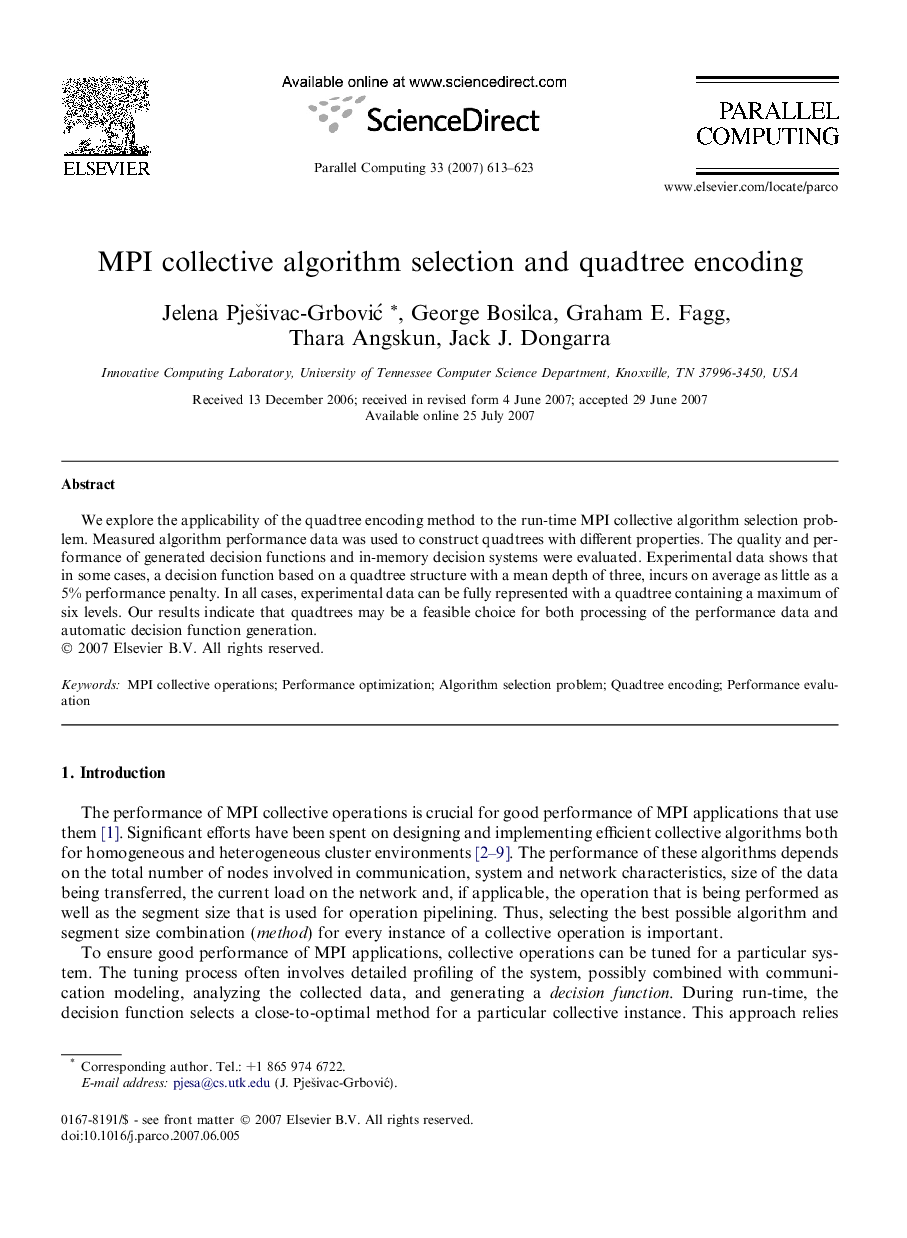 MPI collective algorithm selection and quadtree encoding