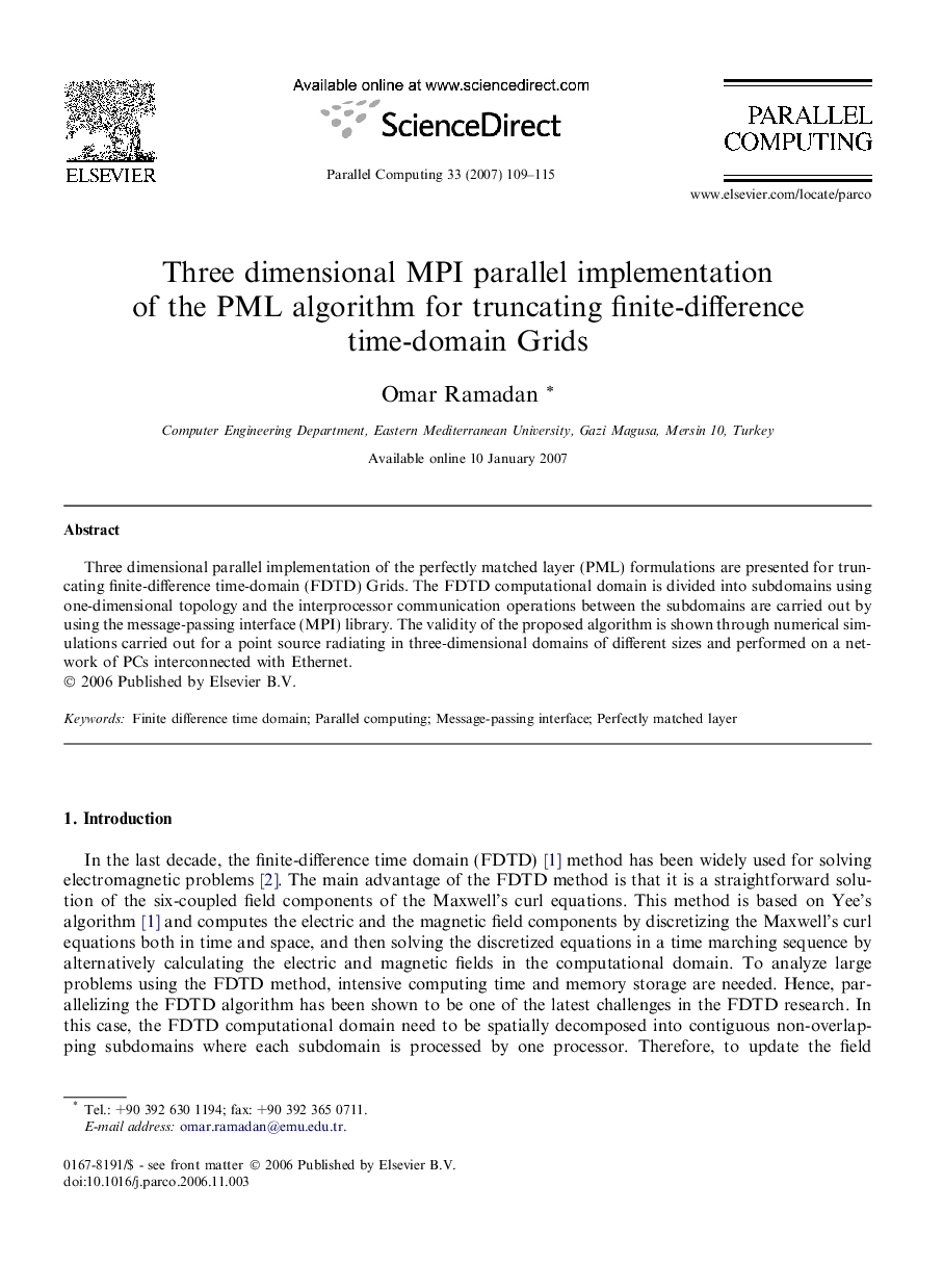 Three dimensional MPI parallel implementation of the PML algorithm for truncating finite-difference time-domain Grids