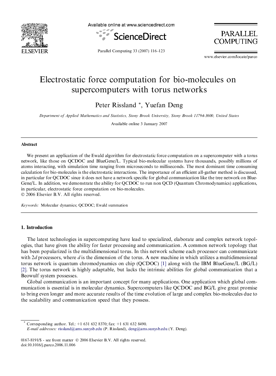 Electrostatic force computation for bio-molecules on supercomputers with torus networks