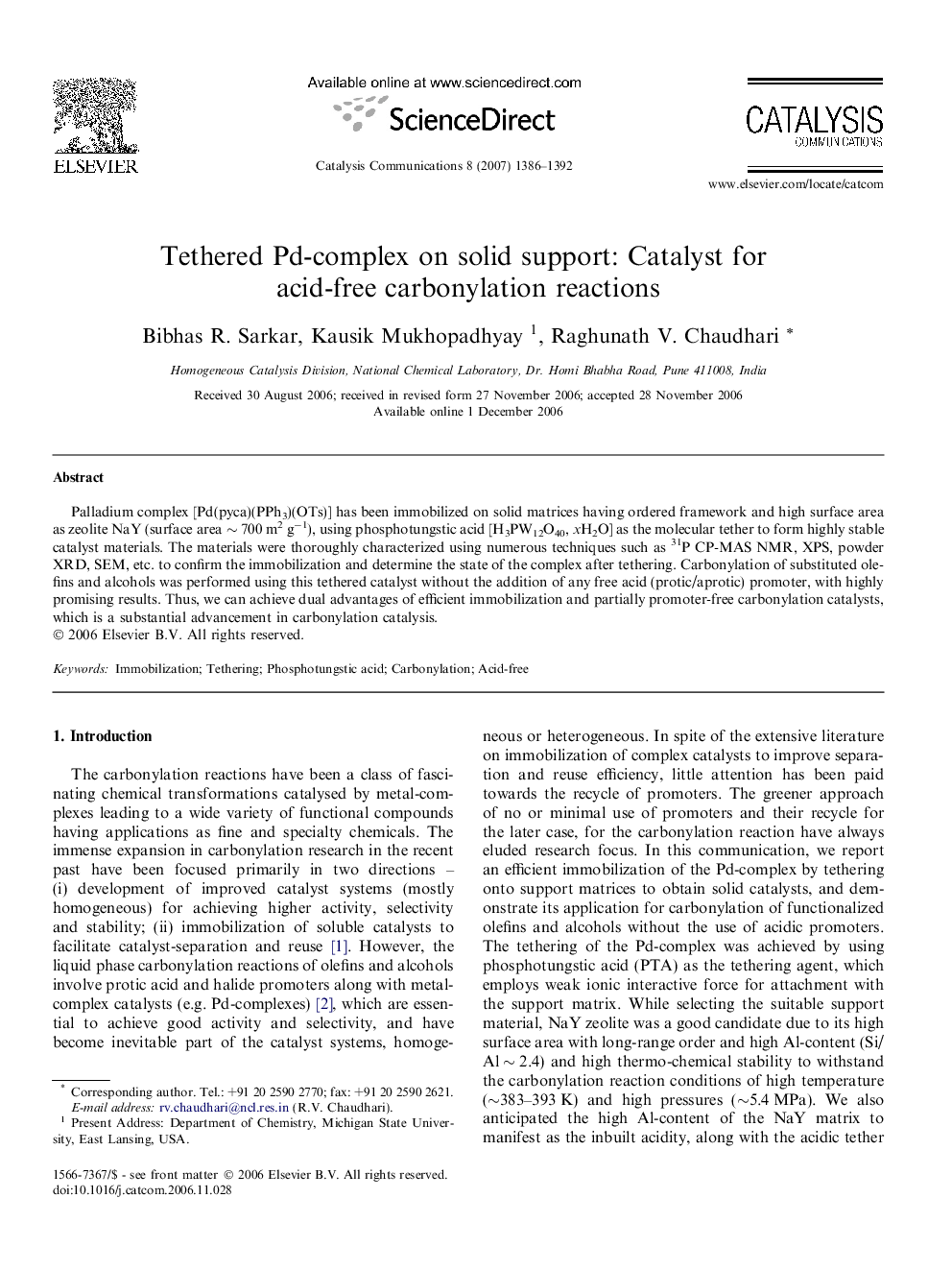 عکس صفحه اول مقاله: Tethered Pd-complex on solid support: Catalyst for acid-free carbonylation reactions Tethered Pd-complex on solid support: Catalyst for acid-free carbonylation reactions