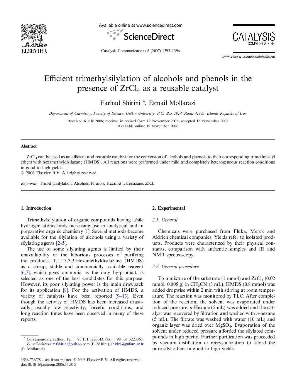 Efficient trimethylsilylation of alcohols and phenols in the presence of ZrCl4 as a reusable catalyst