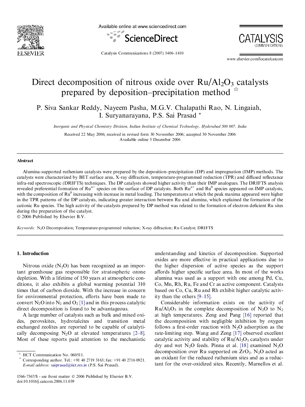 Direct decomposition of nitrous oxide over Ru/Al2O3 catalysts prepared by deposition–precipitation method 