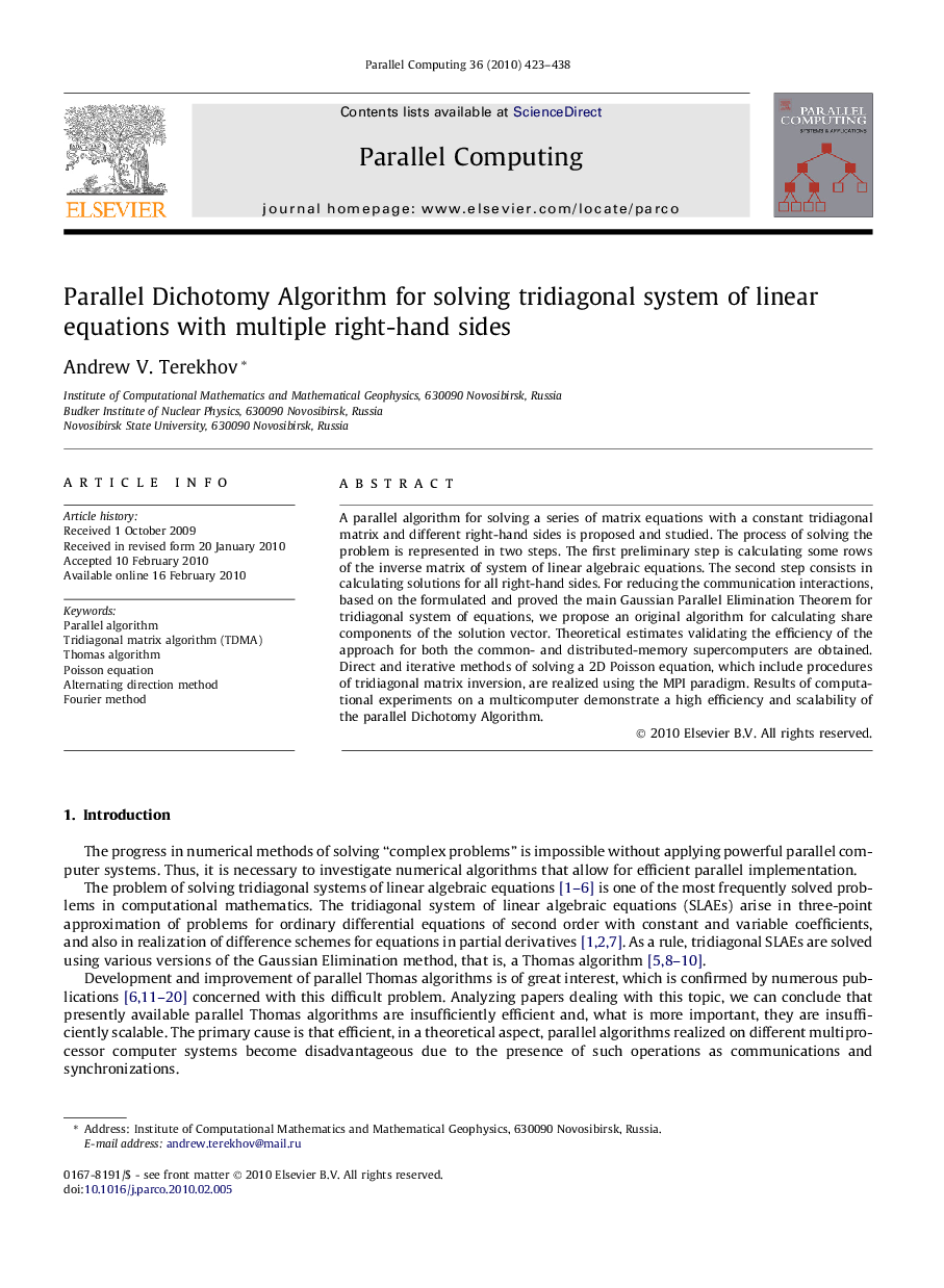 Parallel Dichotomy Algorithm for solving tridiagonal system of linear equations with multiple right-hand sides