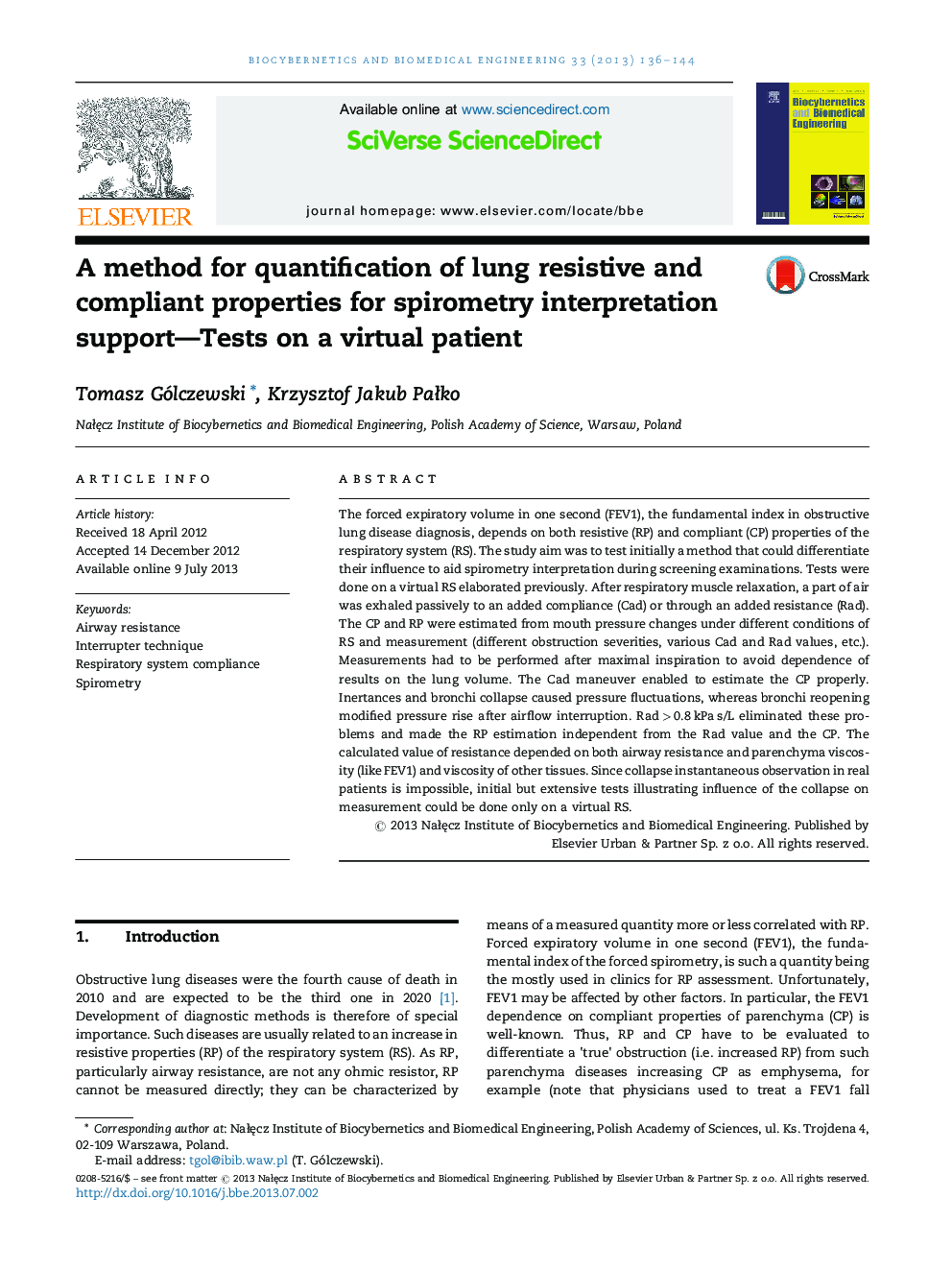 A method for quantification of lung resistive and compliant properties for spirometry interpretation support—Tests on a virtual patient