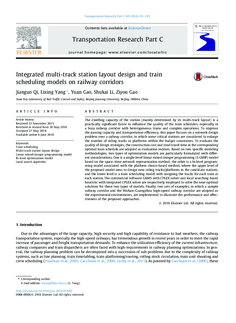 Integrated multi-track station layout design and train scheduling models on railway corridors