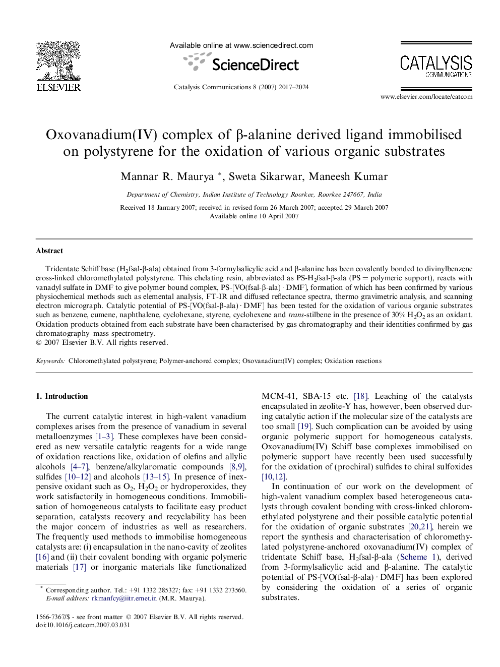 ترکیب (Oxovanadium (IV از β-آلانین لیگاند مشتق شده پلی استایرن بی حرکت برای اکسیداسیون لایه های آلی مختلف 