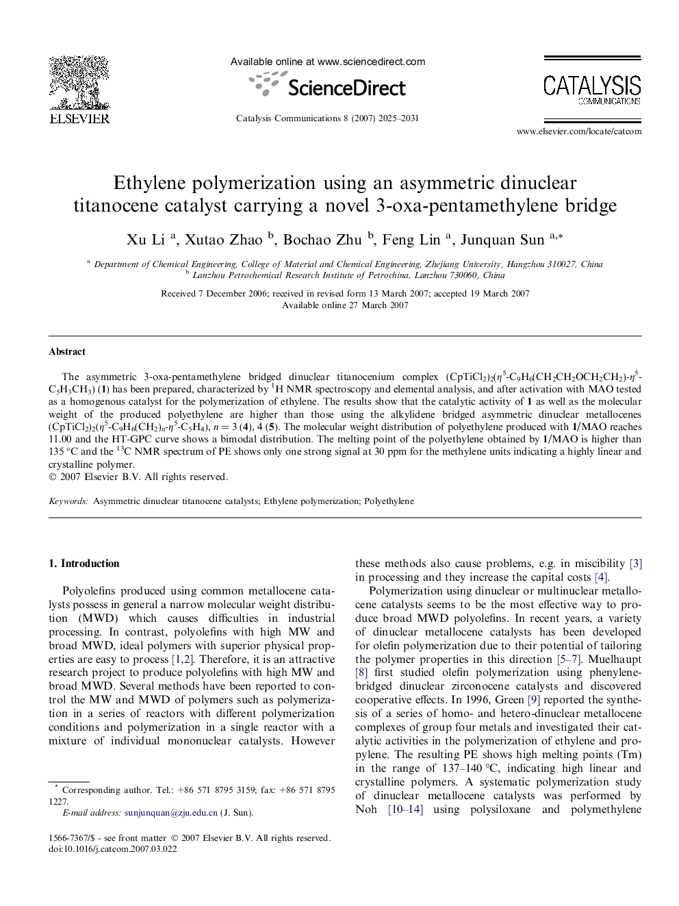 Ethylene polymerization using an asymmetric dinuclear titanocene catalyst carrying a novel 3-oxa-pentamethylene bridge