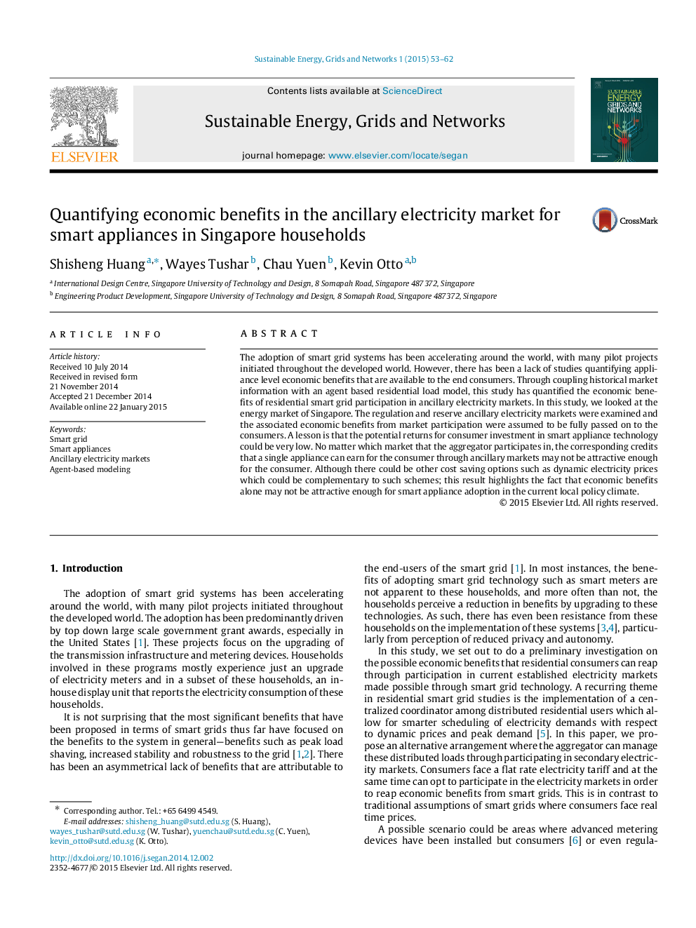 Quantifying economic benefits in the ancillary electricity market for smart appliances in Singapore households