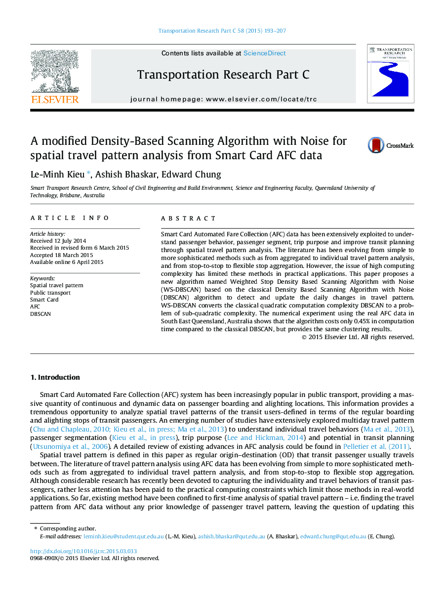 A modified Density-Based Scanning Algorithm with Noise for spatial travel pattern analysis from Smart Card AFC data