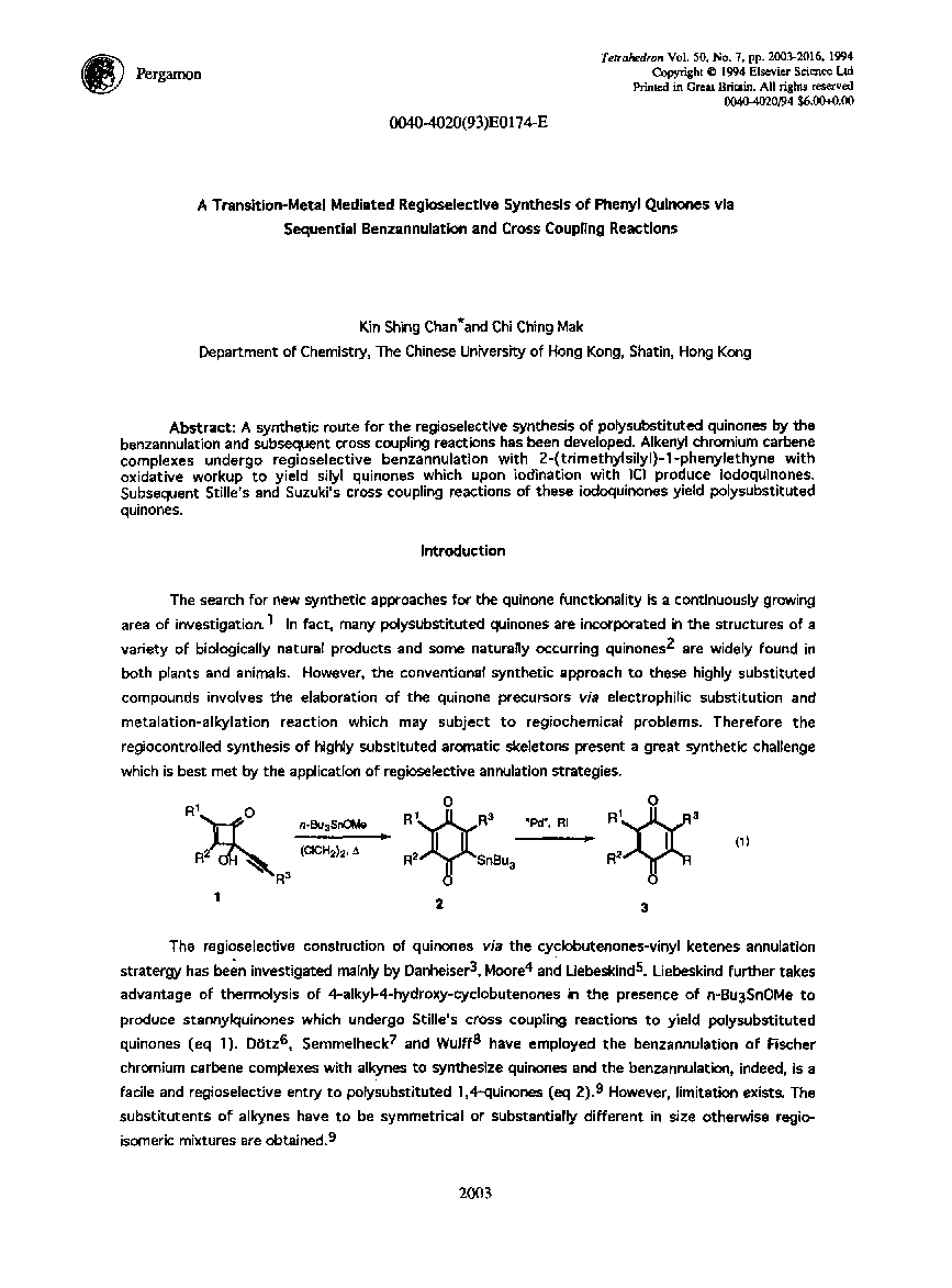 عکس صفحه اول مقاله: A transition-metal mediated regioselective synthesis of phenyl quinones via sequential benzannulation and cross coupling reactions A transition-metal mediated regioselective synthesis of phenyl quinones via sequential benzannulation and cross coupling reactions