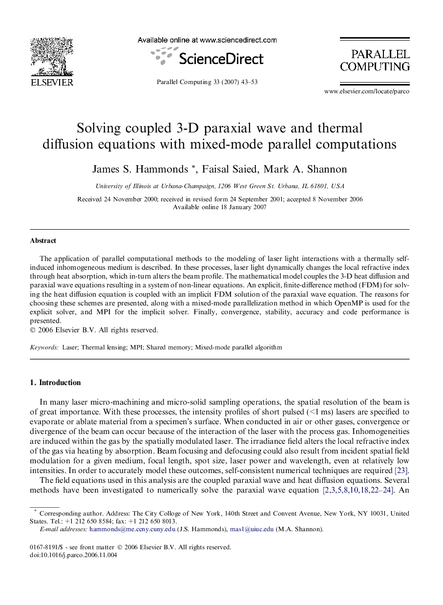 Solving coupled 3-D paraxial wave and thermal diffusion equations with mixed-mode parallel computations