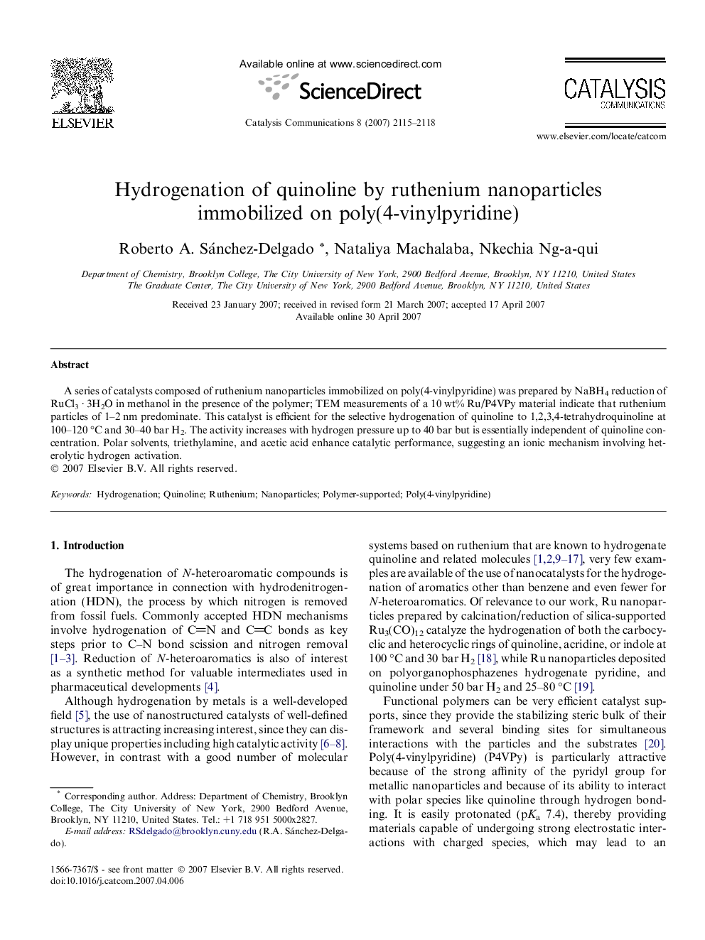 Hydrogenation of quinoline by ruthenium nanoparticles immobilized on poly(4-vinylpyridine)