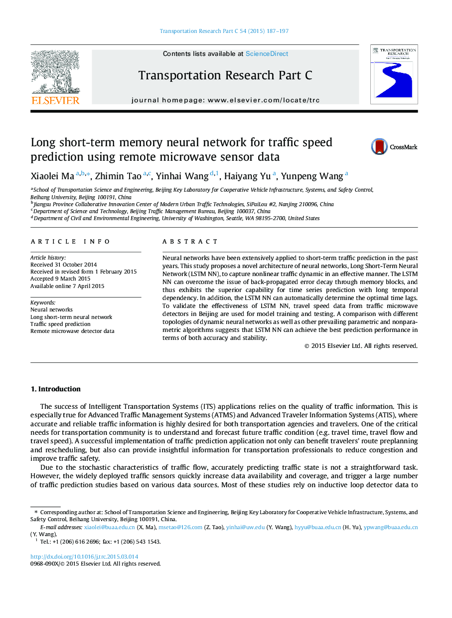 Long short-term memory neural network for traffic speed prediction using remote microwave sensor data