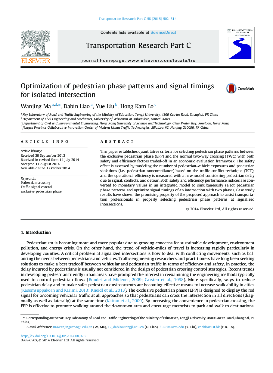 Optimization of pedestrian phase patterns and signal timings for isolated intersection