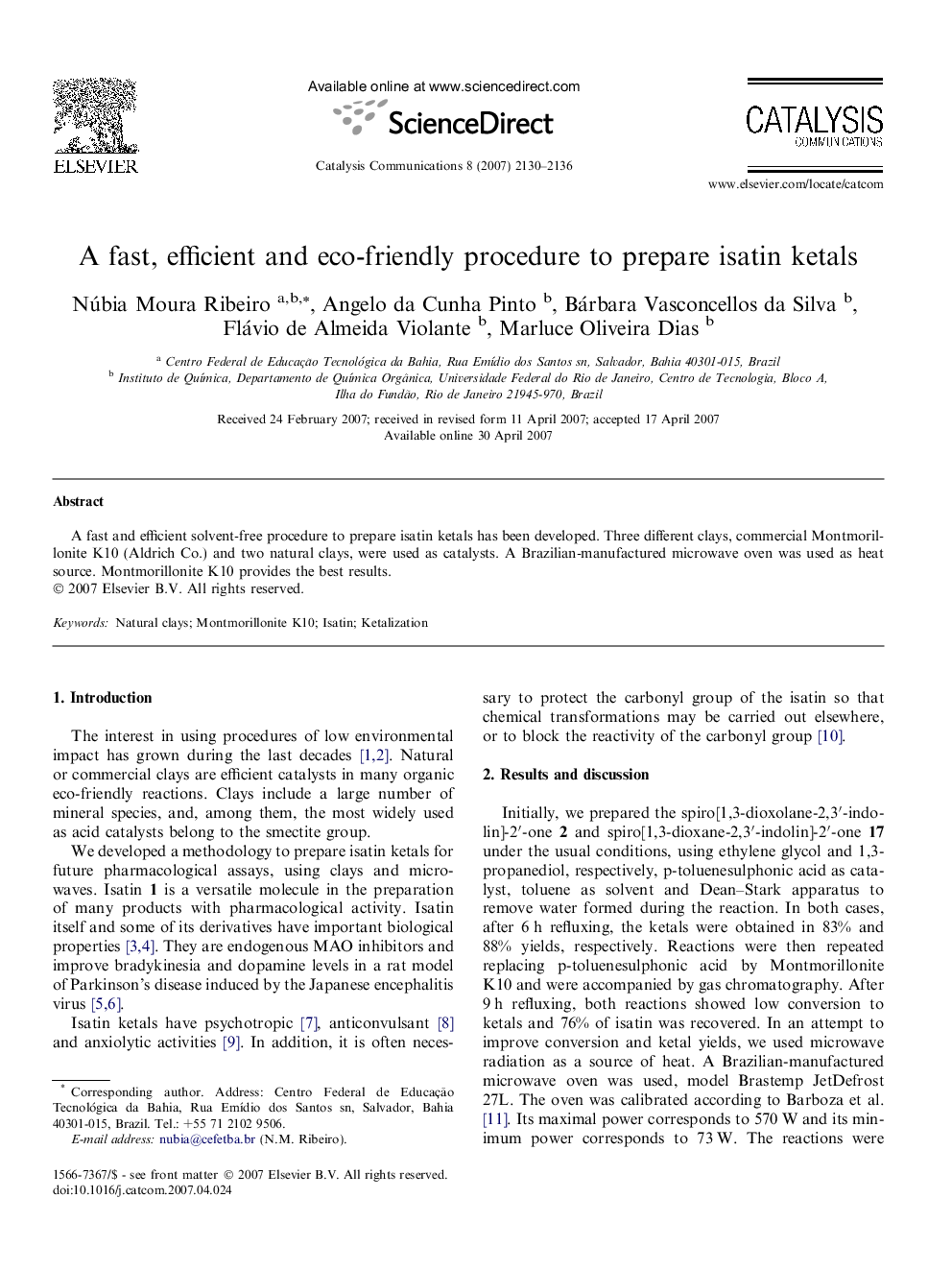 A fast, efficient and eco-friendly procedure to prepare isatin ketals