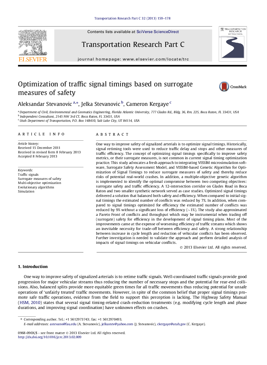 Optimization of traffic signal timings based on surrogate measures of safety