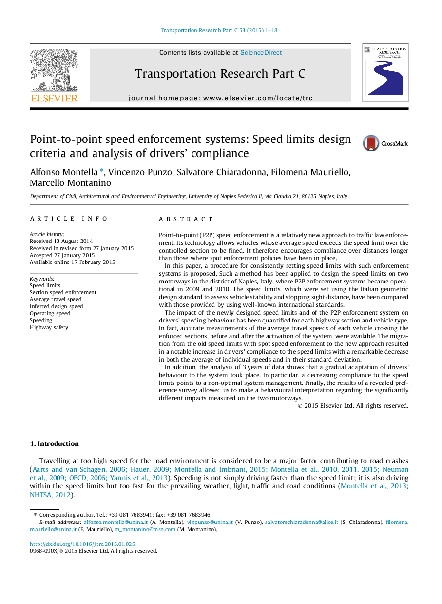 Point-to-point speed enforcement systems: Speed limits design criteria and analysis of drivers’ compliance