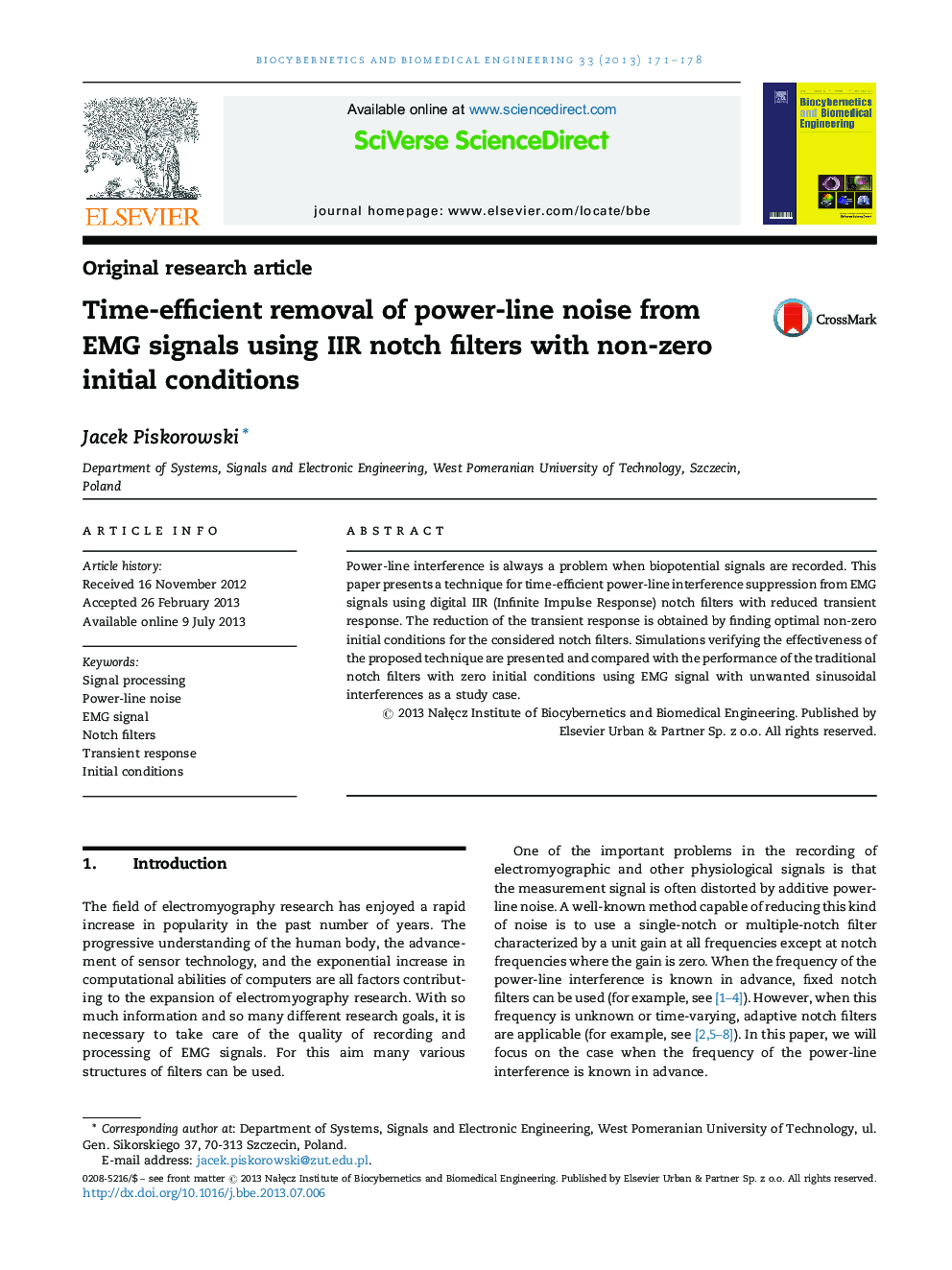 Time-efficient removal of power-line noise from EMG signals using IIR notch filters with non-zero initial conditions