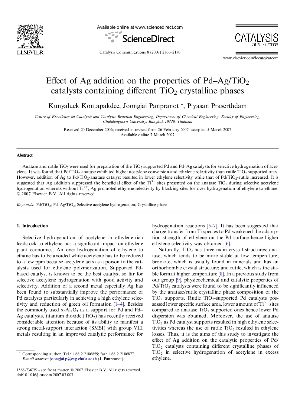 Effect of Ag addition on the properties of Pd–Ag/TiO2 catalysts containing different TiO2 crystalline phases