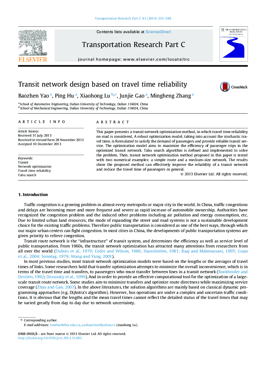 Transit network design based on travel time reliability