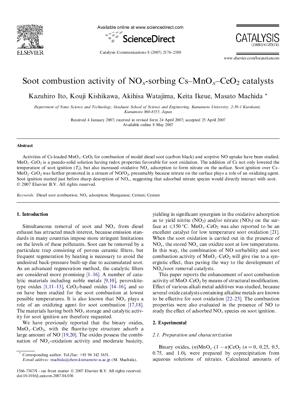 Soot combustion activity of NOx-sorbing Cs–MnOx–CeO2 catalysts