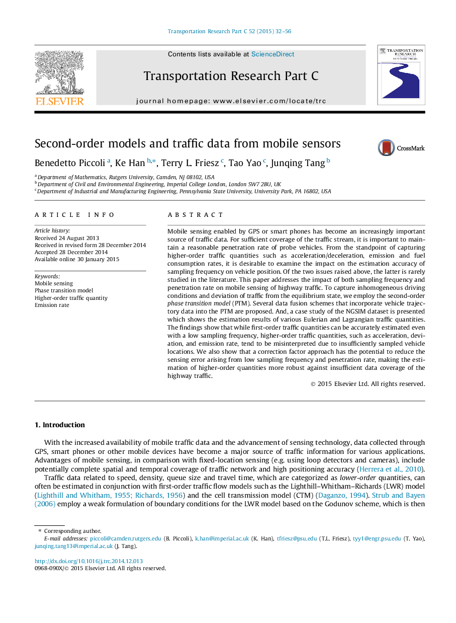 Second-order models and traffic data from mobile sensors